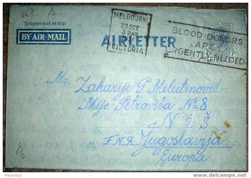Australia,Air Letter,Appeal Postmark,Blood Donors,Cover - Luchtpostbladen