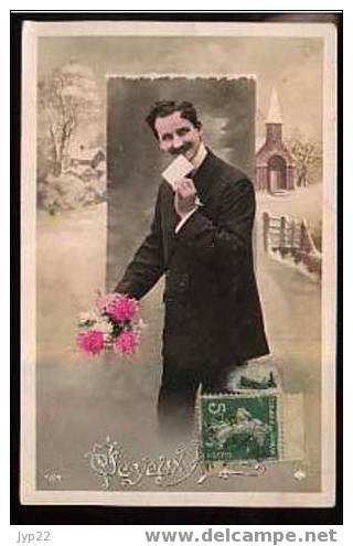 Jolie CP Ancienne Joyeux Noël - Paysage Homme Bouquet De Fleurs - écrite 26-04 !! -1914 - N° 524 - Altri & Non Classificati