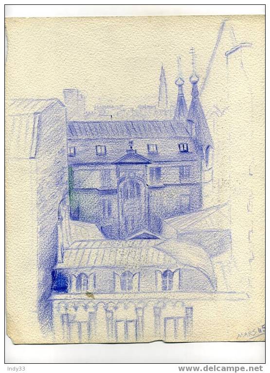 - TOITS DE PARIS ? . DESSIN AU CRAYON VIOLET  DATE 45 . AU VERSO PAYSAGE AU CRAYON NOIR DATE 43 - Dibujos