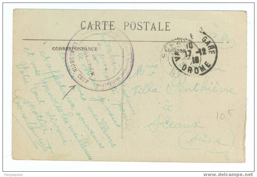 Cachet "Infirmerie De La Gare De Valence" 1916 Sur Carte Postale - Croix Rouge