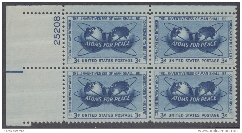 !a! USA Sc# 1070 MNH PLATEBLOCK (UL/25208/a) - Atoms For Peace - Ongebruikt