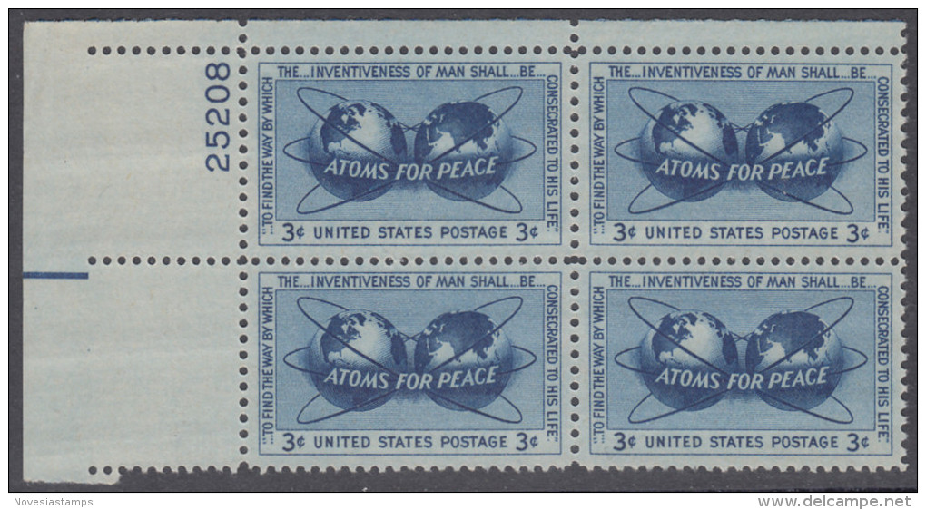 !a! USA Sc# 1070 MNH PLATEBLOCK (UL/25208/a) - Atoms For Peace - Unused Stamps