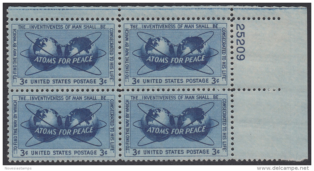!a! USA Sc# 1070 MNH PLATEBLOCK (UR/25209/a) - Atoms For Peace - Nuevos