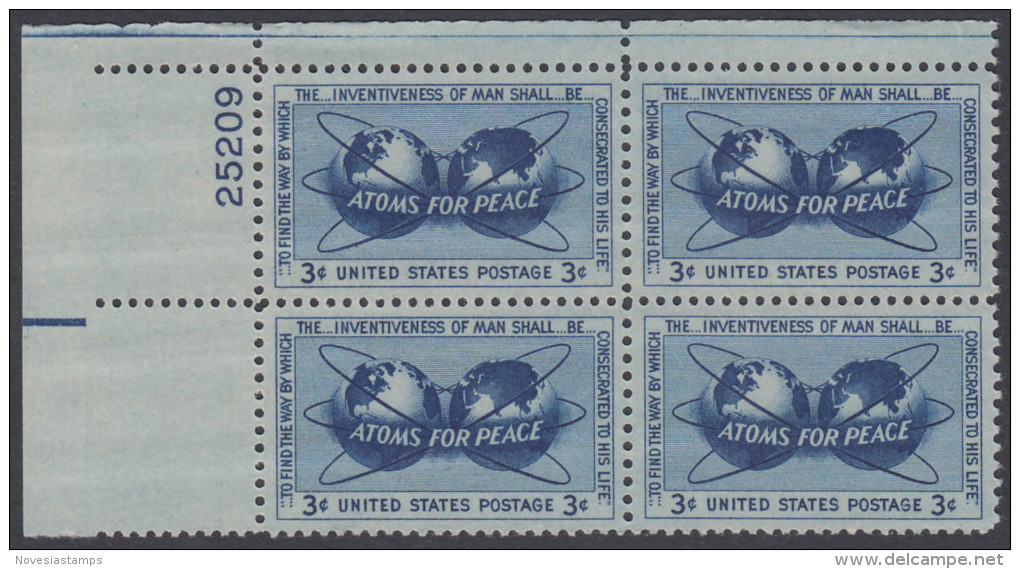 !a! USA Sc# 1070 MNH PLATEBLOCK (UL/25209/a) - Atoms For Peace - Nuevos