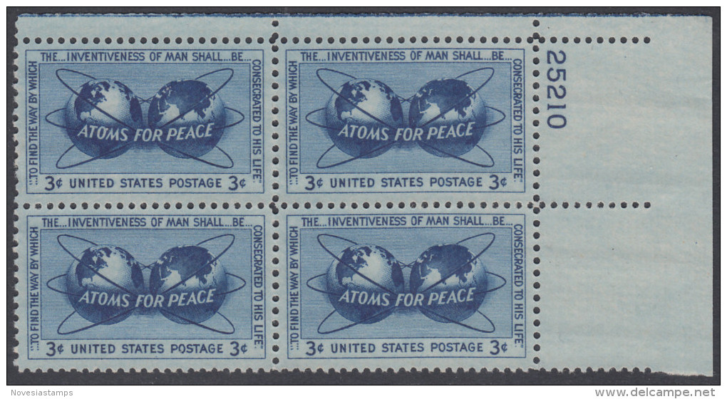 !a! USA Sc# 1070 MNH PLATEBLOCK (UR/25210/a) - Atoms For Peace - Nuevos