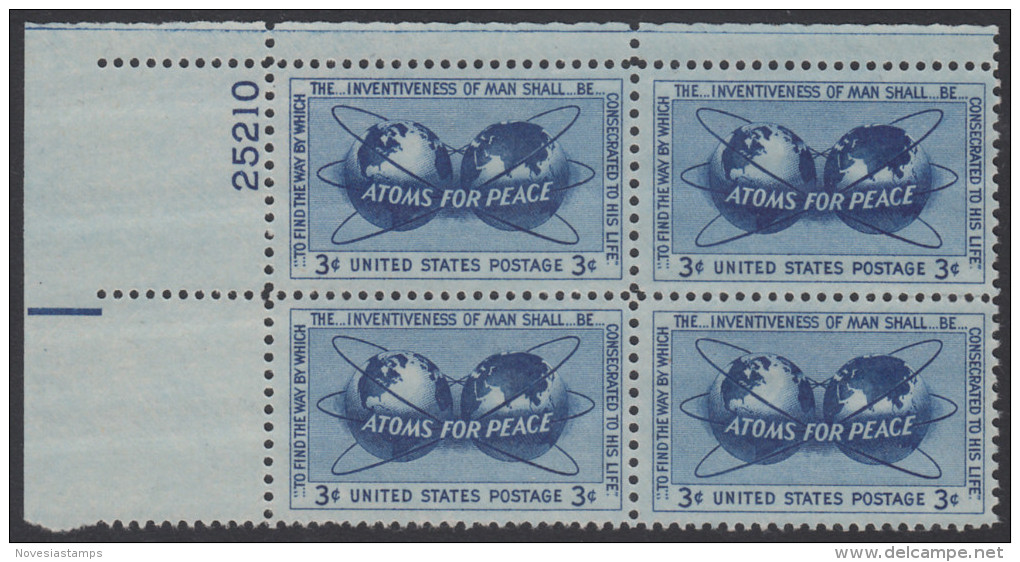!a! USA Sc# 1070 MNH PLATEBLOCK (UL/25210/a) - Atoms For Peace - Nuovi