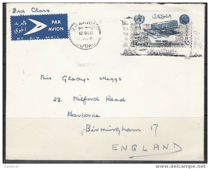 S368 .-. SUDAN-1966, WHO NEW HEADQUARTERS - CIRCULATED COVER KHARTOUM TO UK. - - Sudan (1954-...)