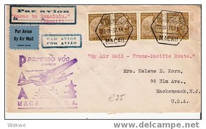 Ch-AP020/   Macao. First Flight To  Honolulu,  Hawaii 28. 4. 37 With Alegorie/Sailing Boat - Covers & Documents