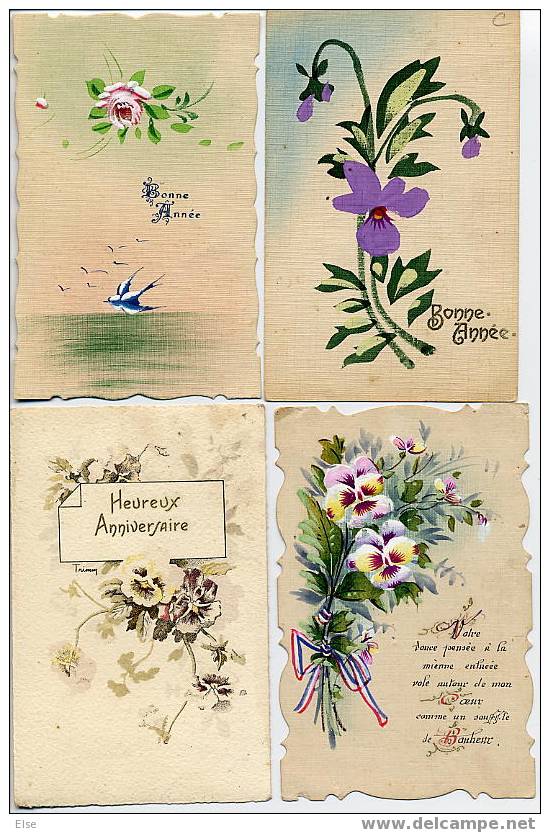 FLEURS 4 CPA DIVERSES - AQUARELLE REALISE DIRECTEMENT SUR LA CARTE - ORIGINAL - Watercolours