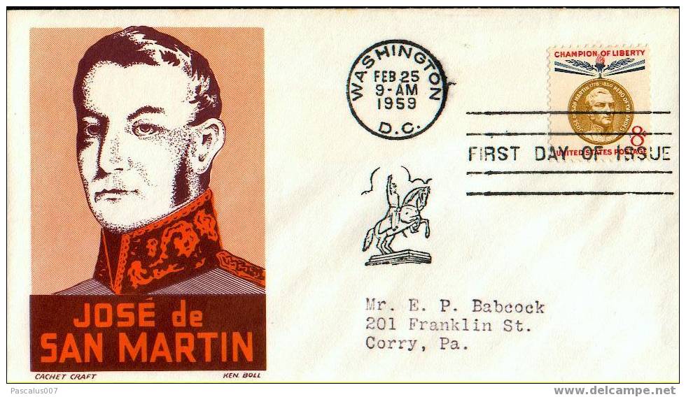 A00025 - Enveloppe Fdi Fdc - Etats-unis - 25-02-1959 - José De San Martin - Altri & Non Classificati