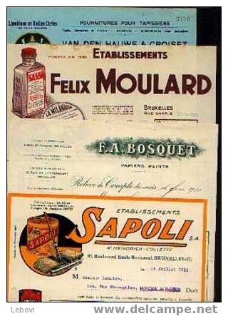 BRUXELLES :  4  Factures (3 Illustrées) ; Ets SAPOLI (1933) + BOSQUET (1930) + MOULARD (1947) + ------> - Profumeria & Drogheria