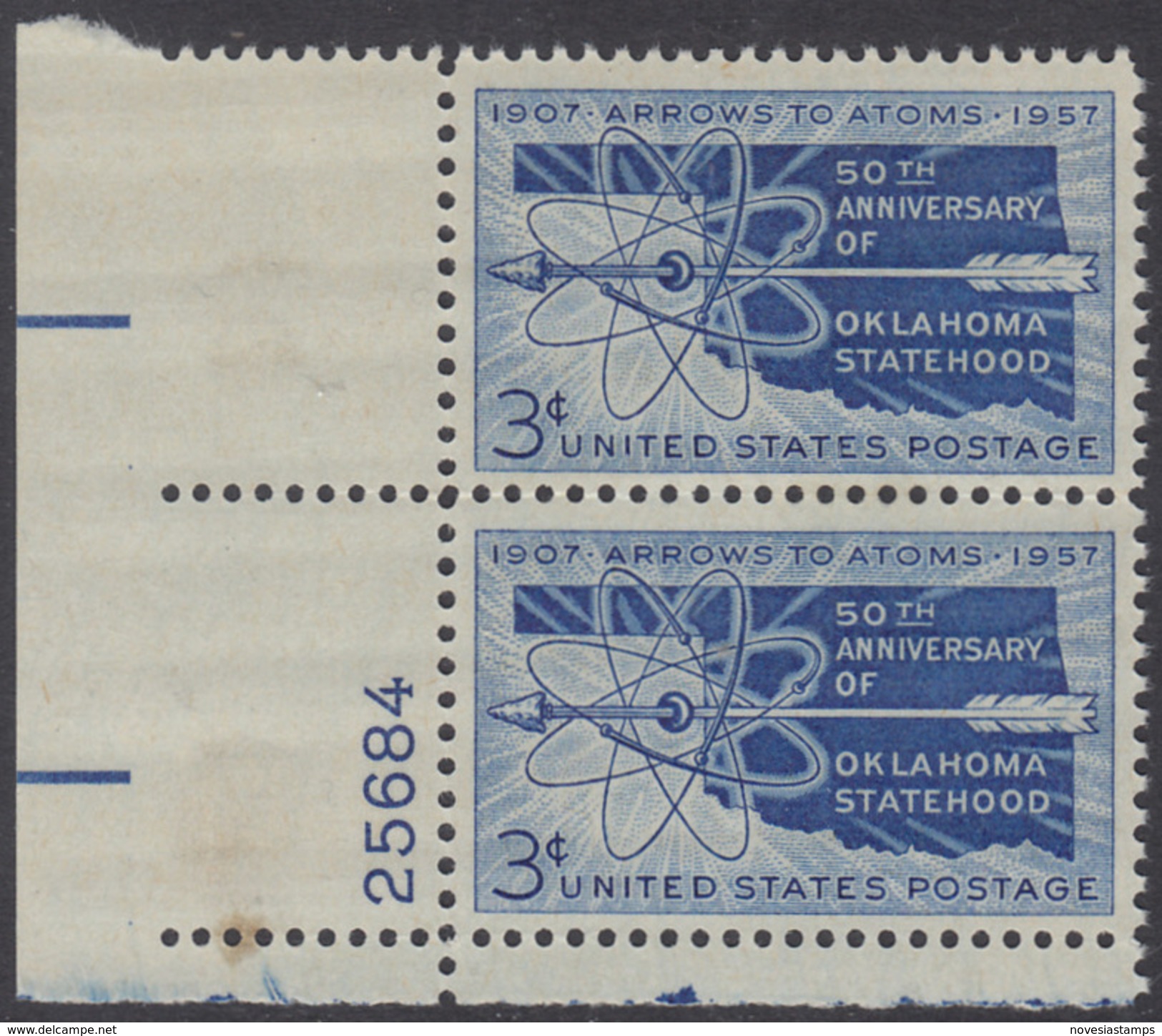 !a! USA Sc# 1092 MH Vert.PAIR From Lower Left Corner W/ Plate-# 25684 (damaged/s.Scan!) ) - Oklahoma Statehood - Nuevos