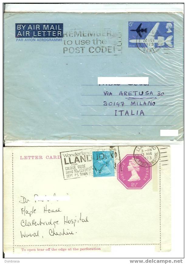 An Air Letter And A Letter Card (2 Pieces), Travelled In Great Britain And To Italy In 1973 - Postwaardestukken
