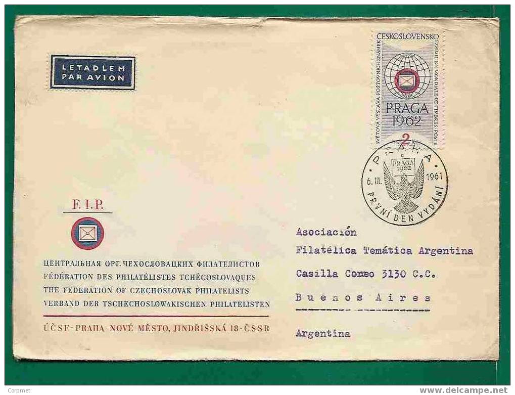 CZECHOSLOVAKIA - PRELUDE TO INTL PHILATELIC 1961 EXPOSITION -VF CIRCULATED FD COVER To ARGENTINA-Yvert # 1138 (x2)+1134 - Other & Unclassified