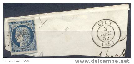 Lot N°5296  N°4a Bleu Foncé/fragment Oblit PC1818 De LYON Du 3 Dec 1852, Avec Voisins - 1849-1850 Ceres