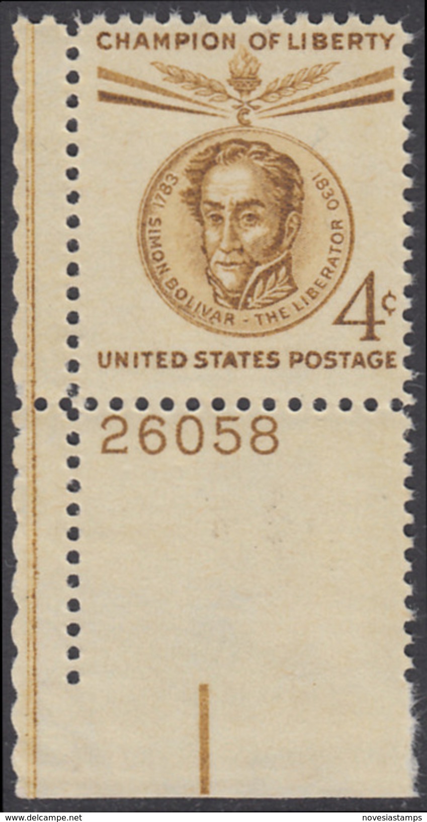 !a! USA Sc# 1110 MNH SINGLE From Lower Left Corner W/ Plate-# 26058 - Champion Of Liberty: Simon Bolivar - Unused Stamps
