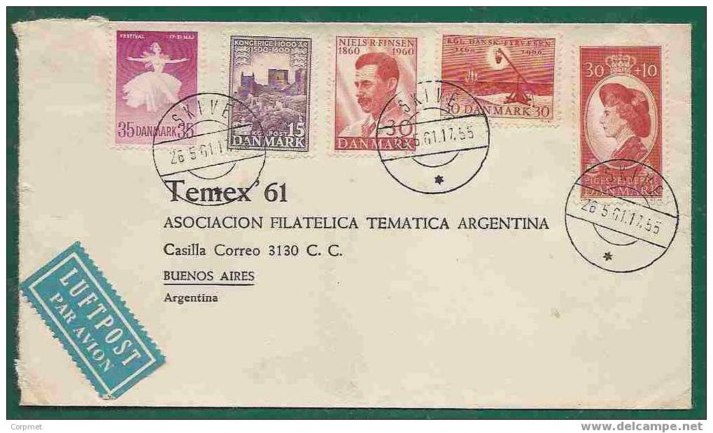 DENMARK - VF SKIVE COVER ADDRESSED In 1961 To BUENOS AIRES + Closing SKIVE Vignett - Luchtpostzegels