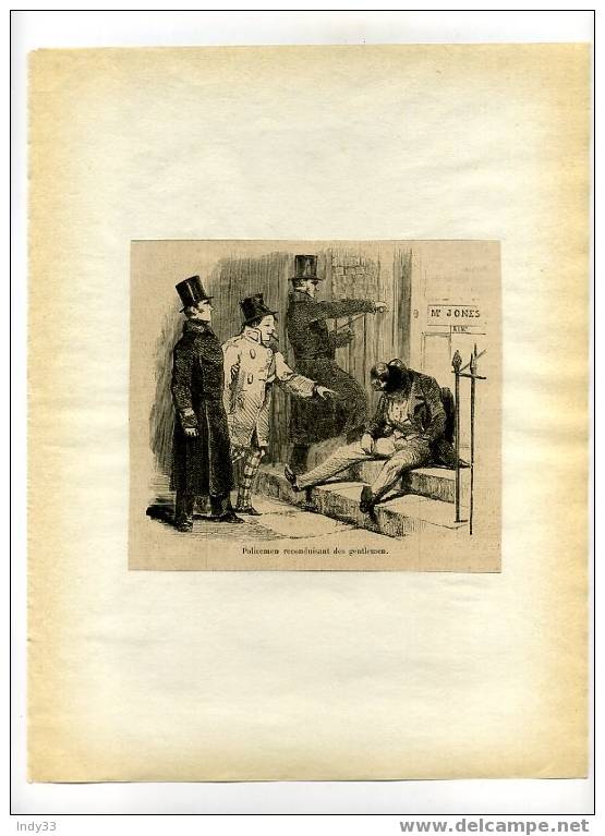 - POLICEMEN RECONDUISANT DES GENTLEMEN . GRAVURE SUR BOIS DU XIXe S. DECOUPEE ET COLLEE SUR PAPIER MACHINE ANCIEN - Police