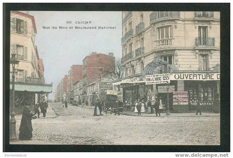 Clichy - Rue Du Bois Et Boulevard National ( Animée Colorisée Commerce Vins Damoy ... HSA N°50) - Clichy