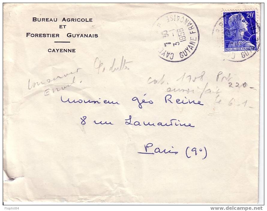 GUYANNE-CAYENNE DU 3-1-1956 SUR MULLER 20F / ENTETE BUREAU AGRICOLE ET FORESTIER GUYANAIS-CAYENNE - Autres & Non Classés