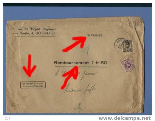 284+341 Op IMPRIMES-REMBOURSEMENT Brief Met Stempel GOSSELIES, En Tweetalige Stempel TERUGBETALING / REMBOURSEMENT !!!! - 1931-1934 Kepi