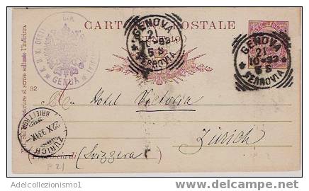 846)intero Postale Da 10c. Umberto Genova A Zurigo Il  Il 21-10-1893 Bollo Azzurro Interessante - Stamped Stationery