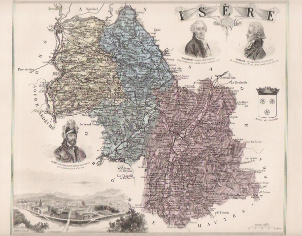 GRENOBLE + ISÈRE = VAUCANSON + BARNAVE + BAYART  /  AUTHENTIQUE CARTE DU XIXème Siècle - Cartes Géographiques