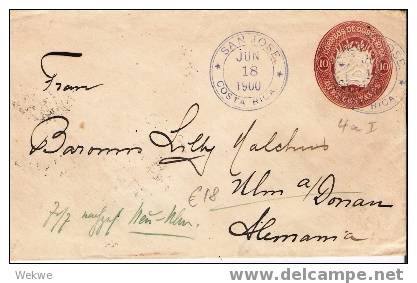 CR018/ COSTA RICA -  WappenbriefGA 4aI, 1900, Nach Ulm, Weiter N. Neu-Ulm - Costa Rica