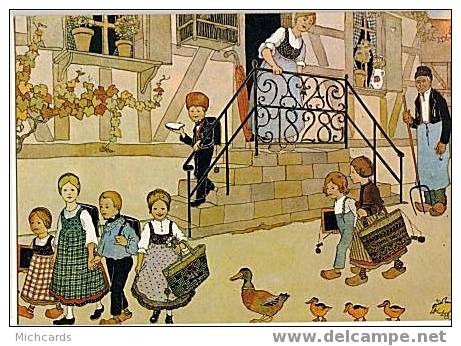 Carte Postale HANSI Illustrateur - La Cigogne 67 574 17 - Le Depart Pour L Ecole .......... (En Alsace) - Hansi