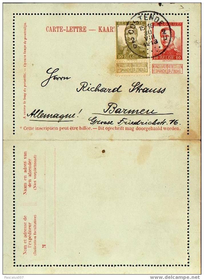 A00006 - Entier Postal - Carte Lettre N° 17 -  Oostende 30-08-1913 Vers L´allemagne - Postbladen