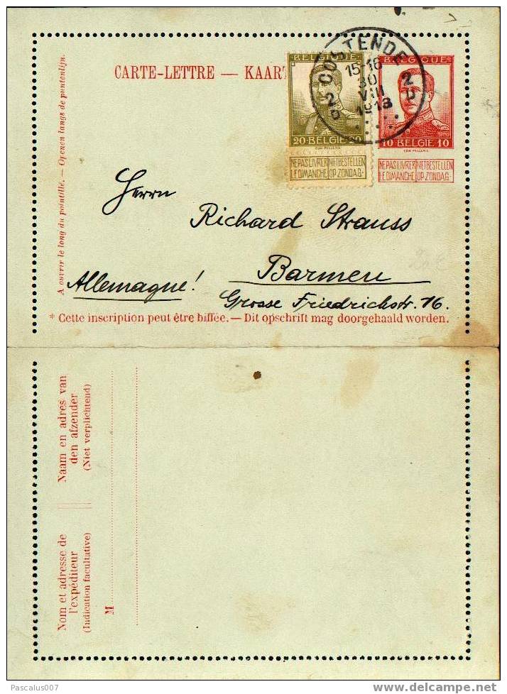A00006 - Entier Postal - Carte Lettre N° 17 -  Oostende 30-08-1913 Vers L´allemagne - Letter-Cards