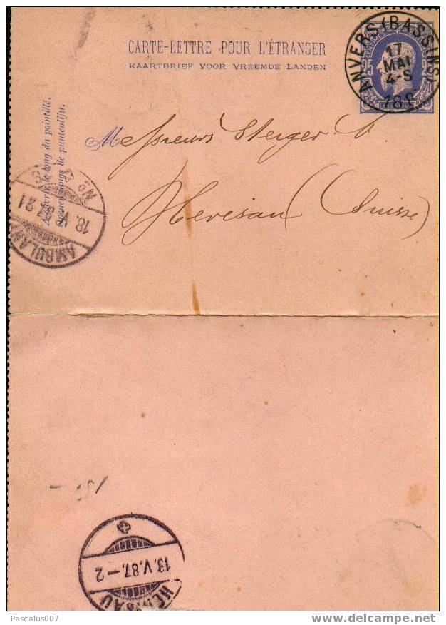 A00006 - Entier Postal - Carte Lettre Pour L'étranger N° 2 - Anvers 17-05-1887 Vers La Suisse - Cartes-lettres