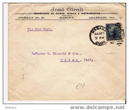 Cu002/  KUBA - Schiffmarke 5 Cts. 1906 Nach Milano,  Italien - Briefe U. Dokumente