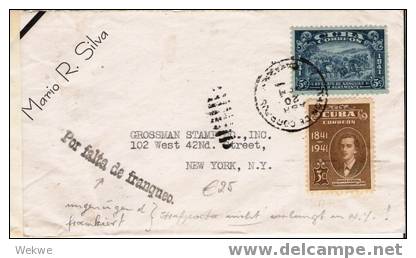 Cu006/  KUBA - Agramonte Jubiläum 1941 Nach NY, Unzureichend Frankiert, Zensiert - Lettres & Documents