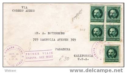 Cu011/ -  KUBA  Erstflug Okt. 28, 1927, Havanna-Key-West.5 X MARTI, Ungezähnt - Briefe U. Dokumente