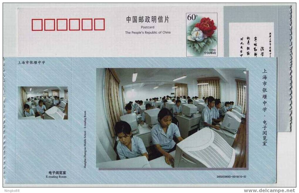 E-reading Room,computer Operation,China 2002 Zhangyan High School Advertising Postal Stationery Card - Informatique