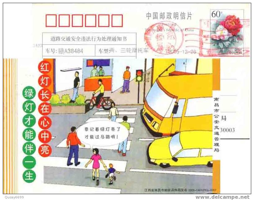 China, Postal Stationery , Cycling,,bike, Bicycle,traffic Light, Traffic Safe, Car, Busrecyclage, Vélo, Bicyclette - Radsport