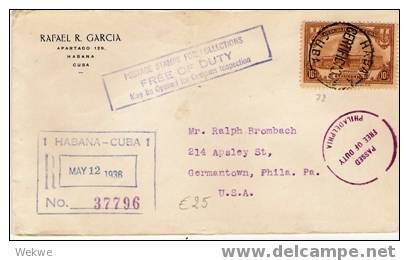 Cu015/  KUBA - Capitol Havanna 10 Cent A. Einschr. 1936. Zollbefreit In USA - Cartas & Documentos