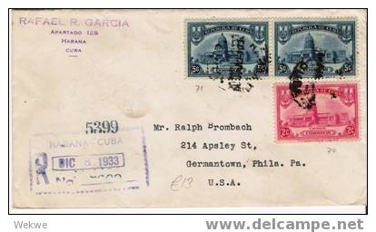 Cu031/ KUBA -  Capitol 2 + 5 Cts. Einschreiben Nach Germantown,  USA 1933 - Lettres & Documents