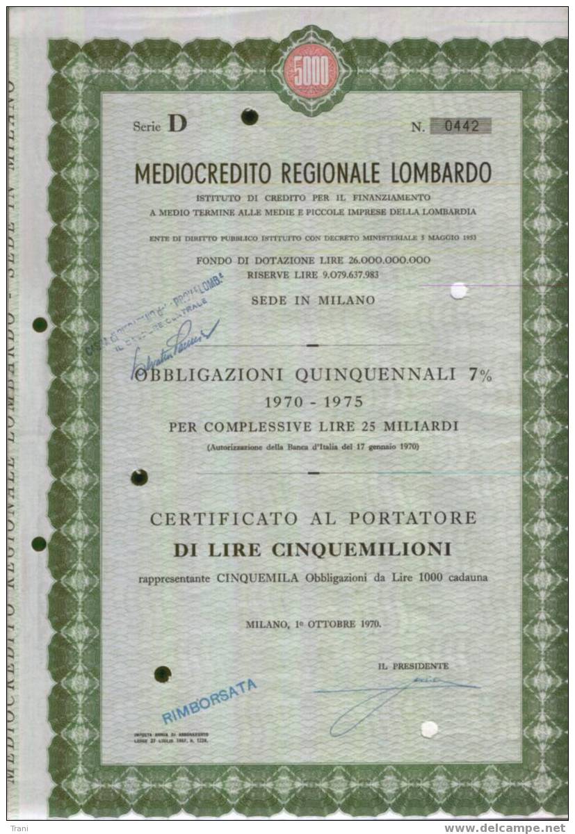 CERTIFICATO OBBLIGAZIONARIO - 1970/1975 - Industry