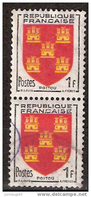 Timbre France Y&T N° 952x2 (01) Obl. Paire Verticale. Armoiries Du Poitou.  1 F. Noir, Rouge Et Jaune. Cote 0,60 € - 1941-66 Escudos Y Blasones