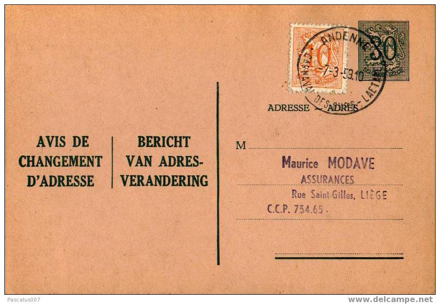 A00007 - Entier Postal - Changement D'adresse N°10 FN De 1958 - Bericht Van Adresverandering - Courrier D'assurance - Avis Changement Adresse