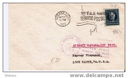 Cu012/  KUBA - Erstflug Havanna-Key-West 1927 M. 2 Passenden Maschinenstpl. - Covers & Documents