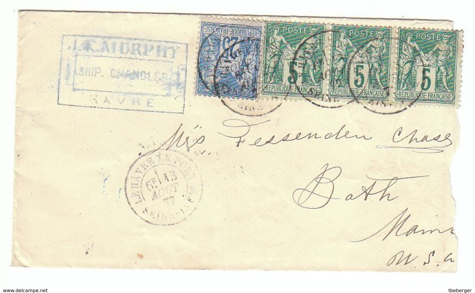 France 1877 Sage 25c. Bleu + 3*5c. YT79+3*75 Lettre Le Havre Pour Etats Unies Tarif Voie De Mer - 1877-1920: Période Semi Moderne