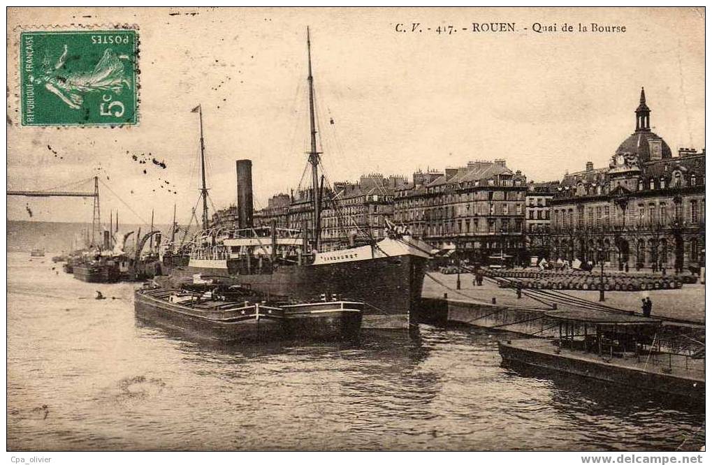 76 ROUEN Quai De La Bourse, Bateau Vapeur "Sandhurst", Péniches, Ed CV 417, 191? - Rouen