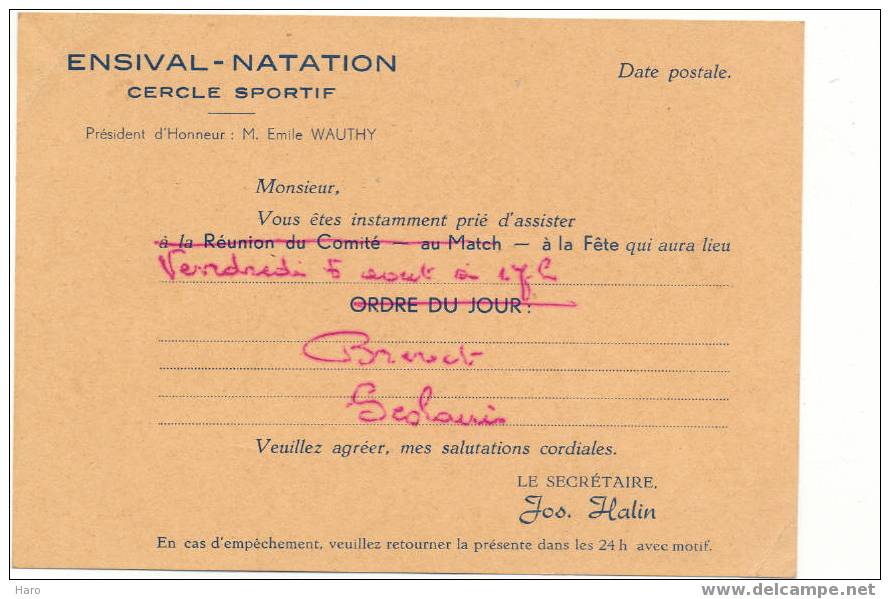 ENSIVAL - NATATION - Carte De Convocation (691) - Natation