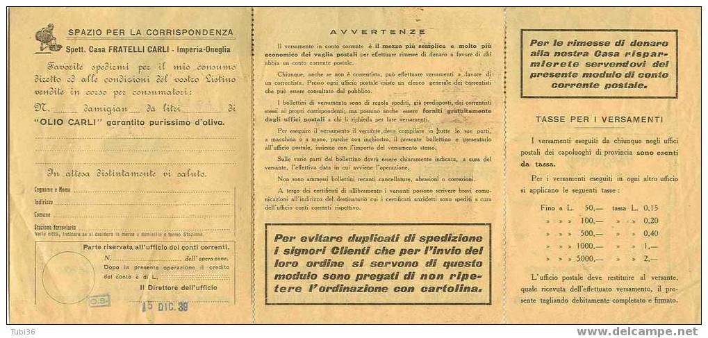 FRATELLI CARLI -  PRODUTTORI OLIO DI OLIVA  5/12/1939 - Altri & Non Classificati