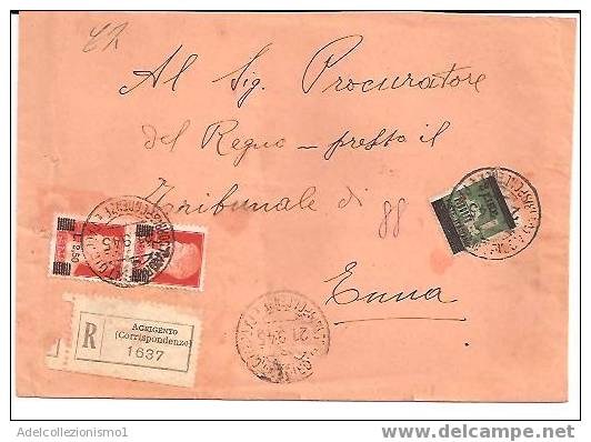 900)raccomandata Con 2x2,50£sù 1,75£ Imperiale+2£sù 25c. Monumenti Distrutti  Da Agrigento A Enna Il 21-3-1945 - Storia Postale