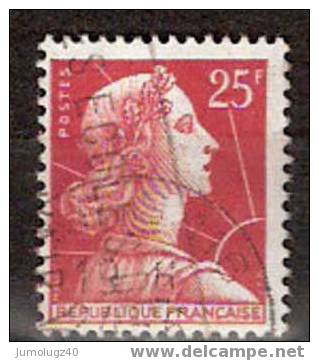 Timbre France Y&T N°1011C (01) Obl.  Marianne De Muller.  25 F. Rouge. Cote 0,15 € - 1955-1961 Marianne Van Muller