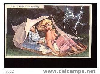 Jolie CP Humour Illustrateur Carrère Son Et Lumière En Camping - Orage éclair Tente Femme En Déshabillé - Neuve - Carrière, Louis